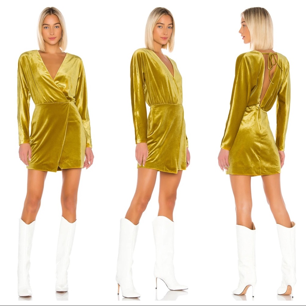 LPA Yellow Velvet Plunge Mini Wrap Dress